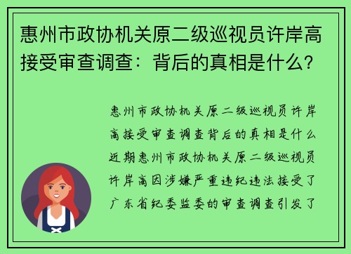 惠州市政协机关原二级巡视员许岸高接受审查调查：背后的真相是什么？