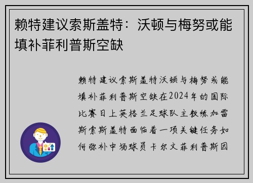 赖特建议索斯盖特：沃顿与梅努或能填补菲利普斯空缺