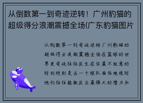 从倒数第一到奇迹逆转！广州豹猫的超级得分浪潮震撼全场(广东豹猫图片)