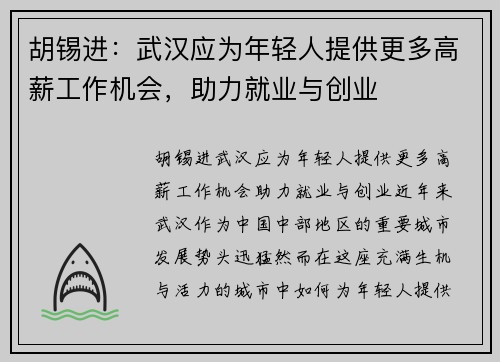 胡锡进：武汉应为年轻人提供更多高薪工作机会，助力就业与创业