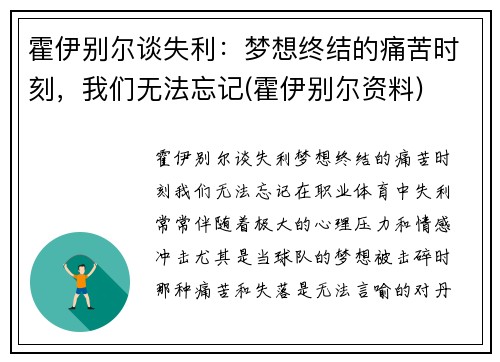 霍伊别尔谈失利：梦想终结的痛苦时刻，我们无法忘记(霍伊别尔资料)