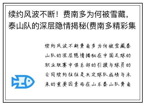 续约风波不断！费南多为何被雪藏，泰山队的深层隐情揭秘(费南多精彩集锦)